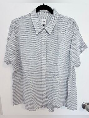CAbi Short-Sleeve Button-Down Shirt in White and Gray Stripe